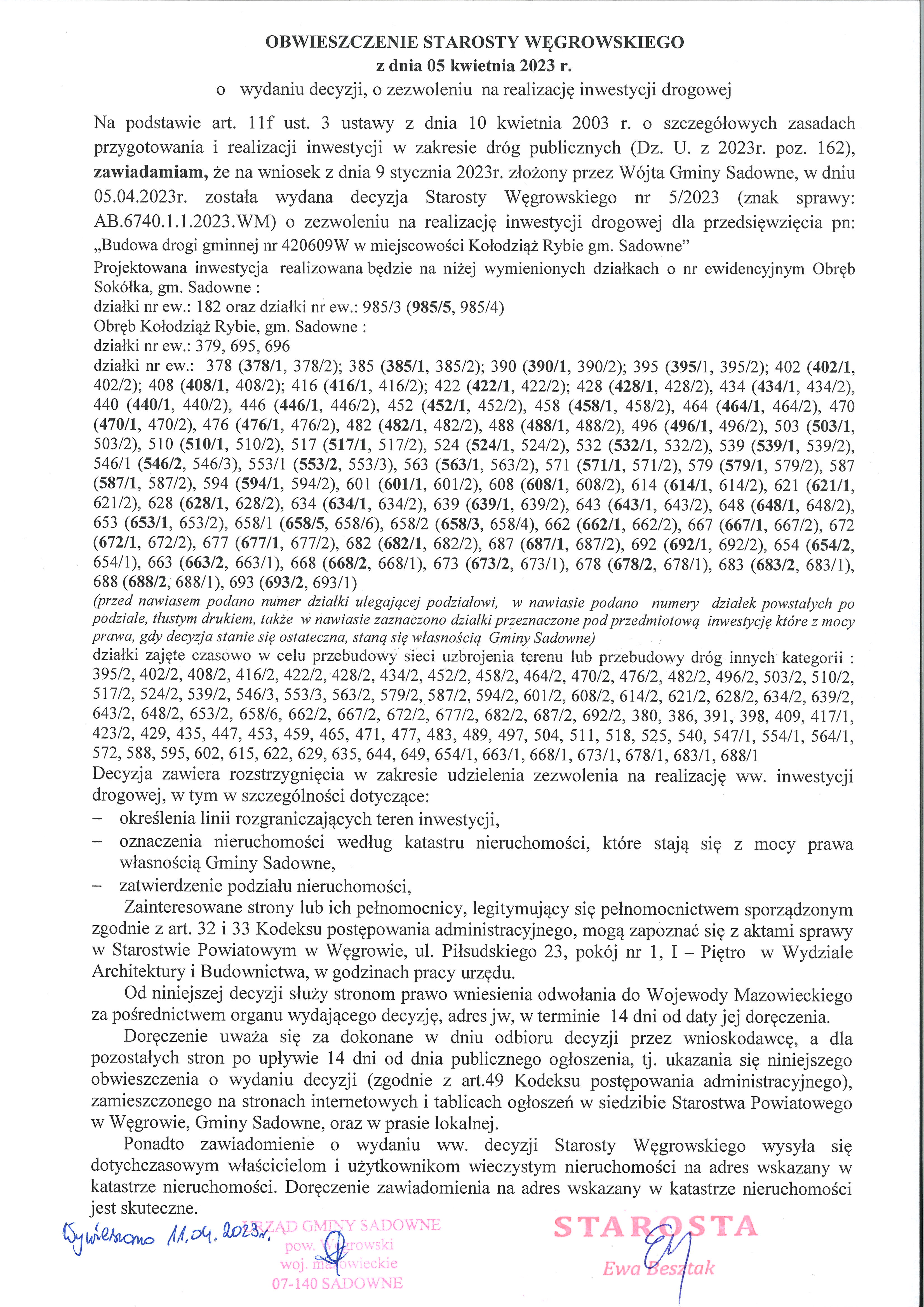 obwieszczenie Starosty Węgrowskiego z dnia 05 kwietnia 2023 r. o wydaniu decyzji o zezwoleniu na realizację inwestycji...