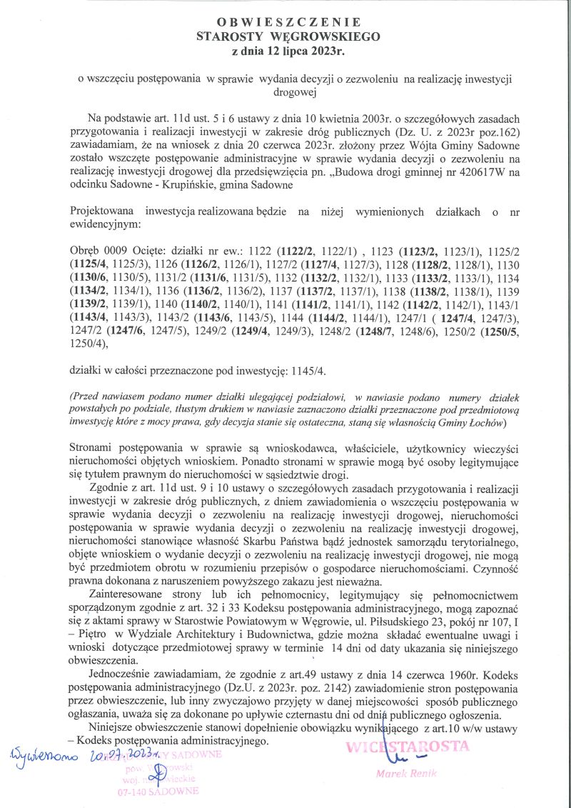 zawiadomienie o wszczęciu postępowania - droga Sadowne-Krupińskie