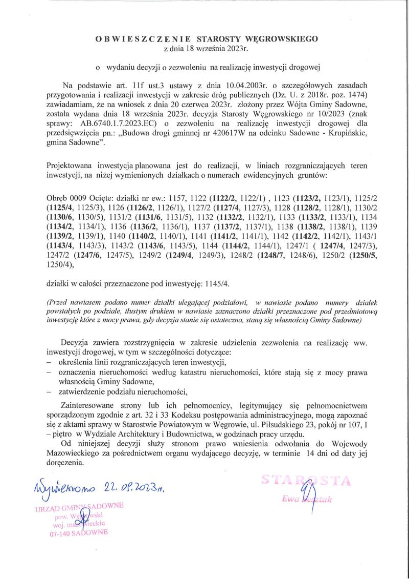 obwieszczenie Starosty Węgrowskiego o wydanej decyzji - dr Sadowne - Krupińskie
