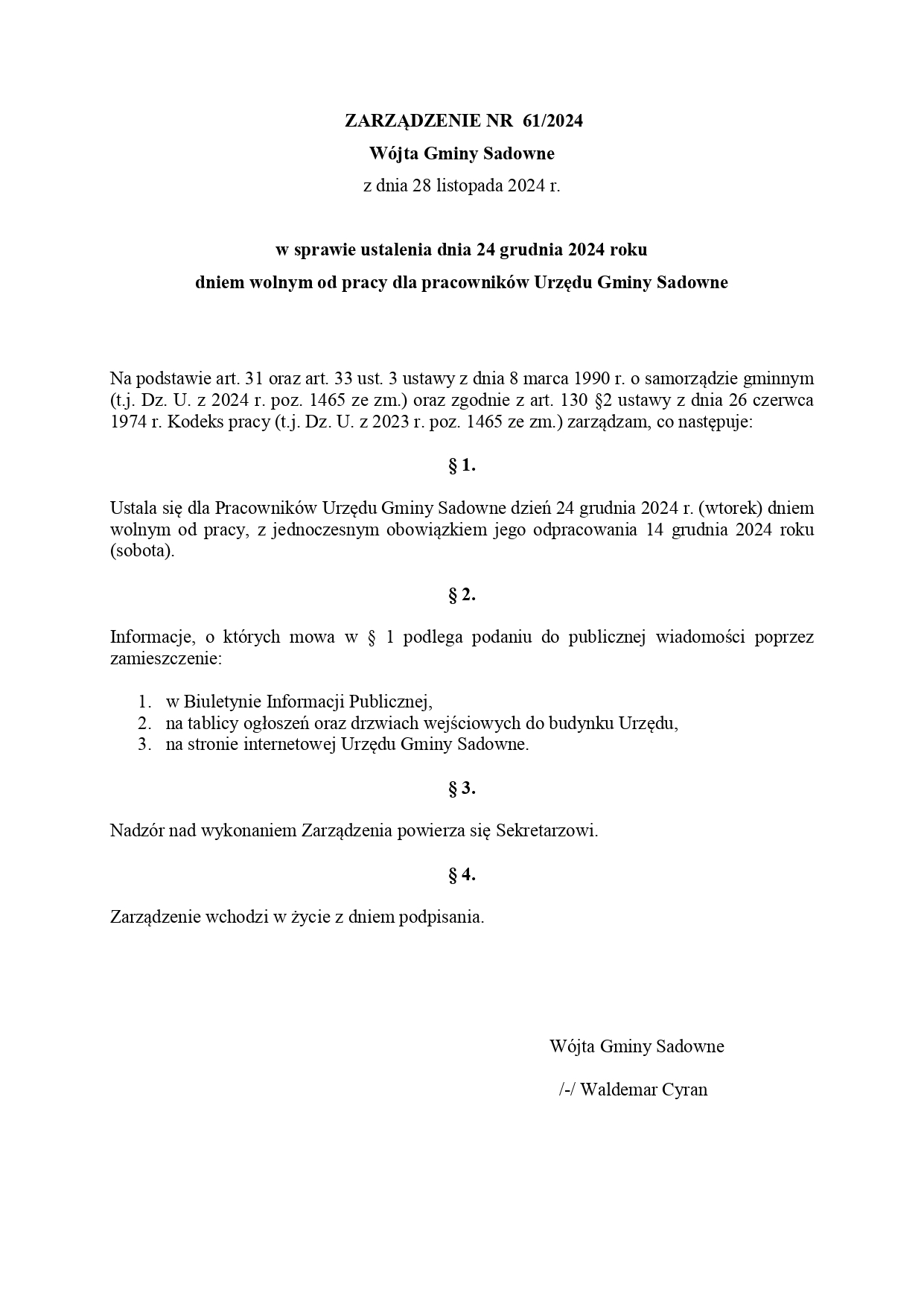 ZARZĄDZENIE 61-2024 w sprawie dnia wolnego- Wigilia(1)_page-0001