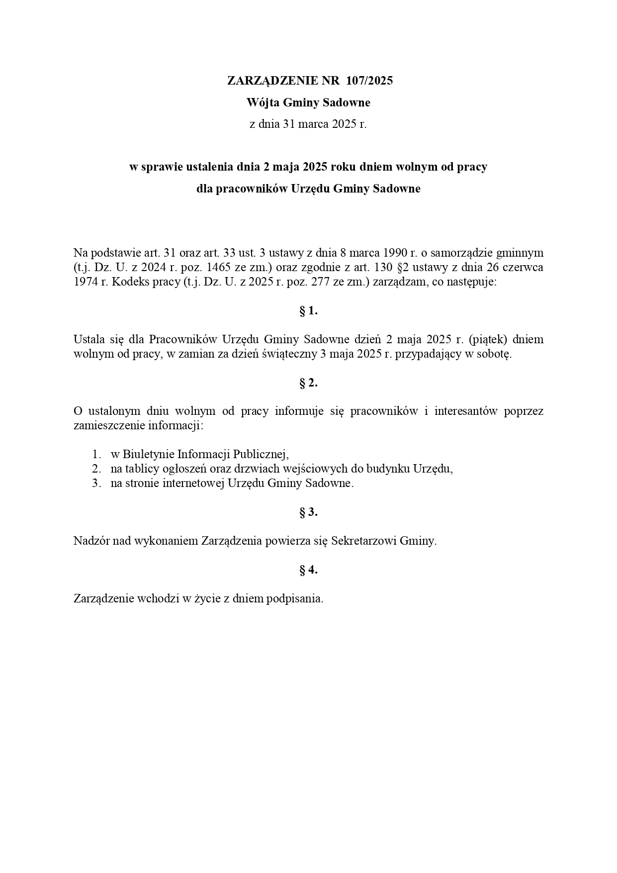 ZARZĄDZENIE 107-2025 w sprawie dnia wolnego 2 maja_page-0001