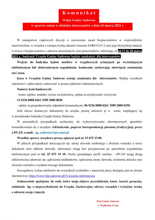 Komunikat Wójta Gminy Sadowne w sprawie zmian w obsłudze interesantów z dnia 16 marca 2021 r.